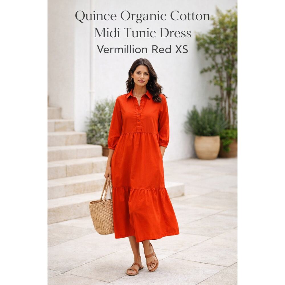 Quince Organic Cotton Midi Tunic Dress Vermillion Red XS Tiered 3/4 Sleeve